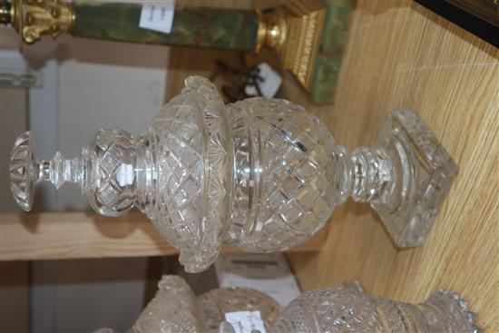 A pair of Regency style glass confitures and covers and a small Regency style decanter (3)